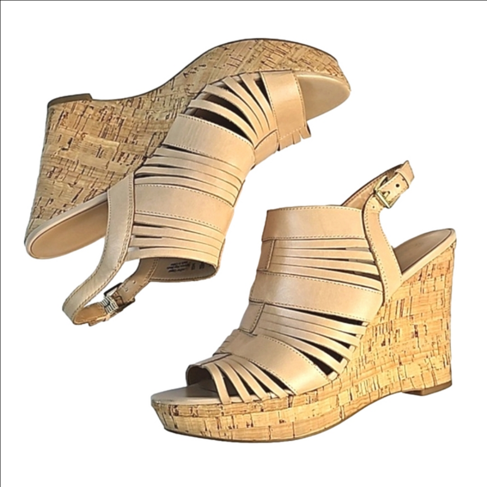 Franco Sarto Sharp Tan Leather Slingback Platform Cork Wedge Sandal